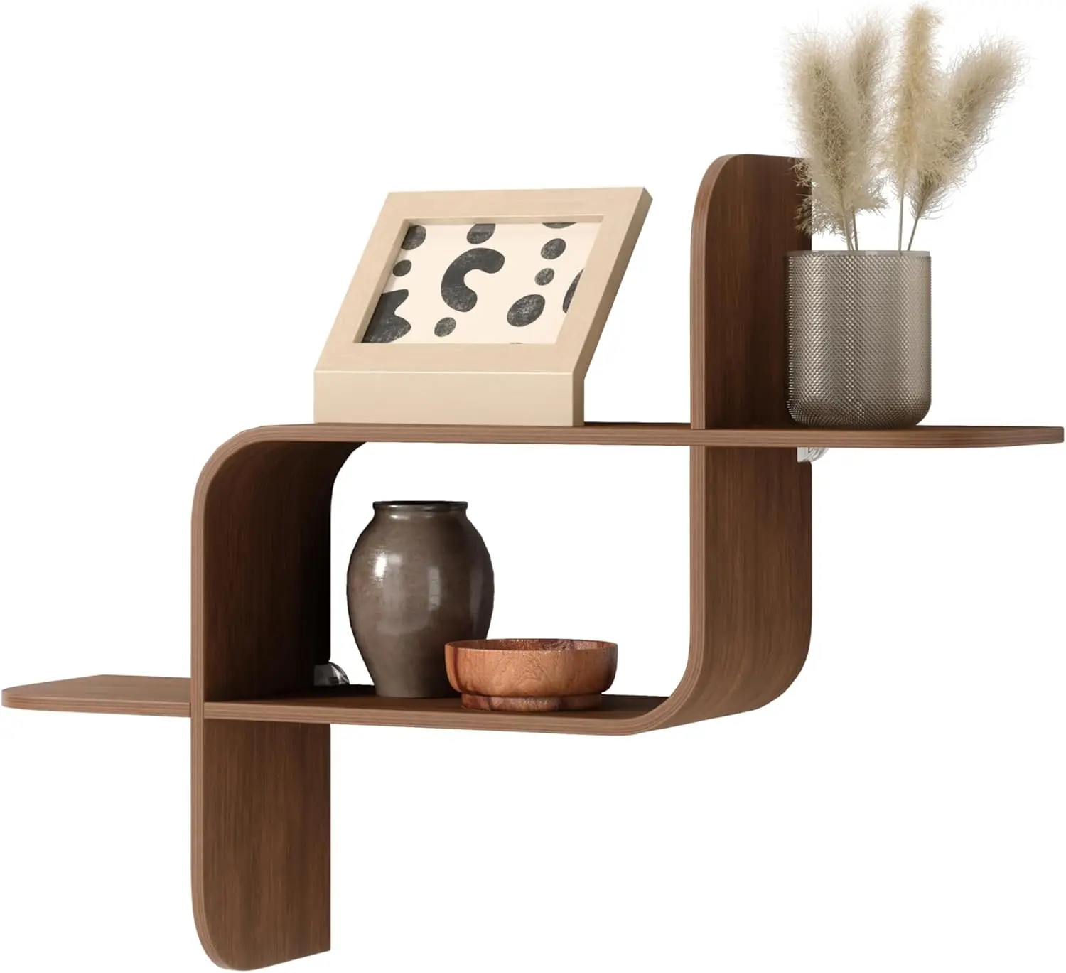 

Floating Wall Shelf Display Case, Natural Bent Wood, Light Walnut Finish for Home Decor