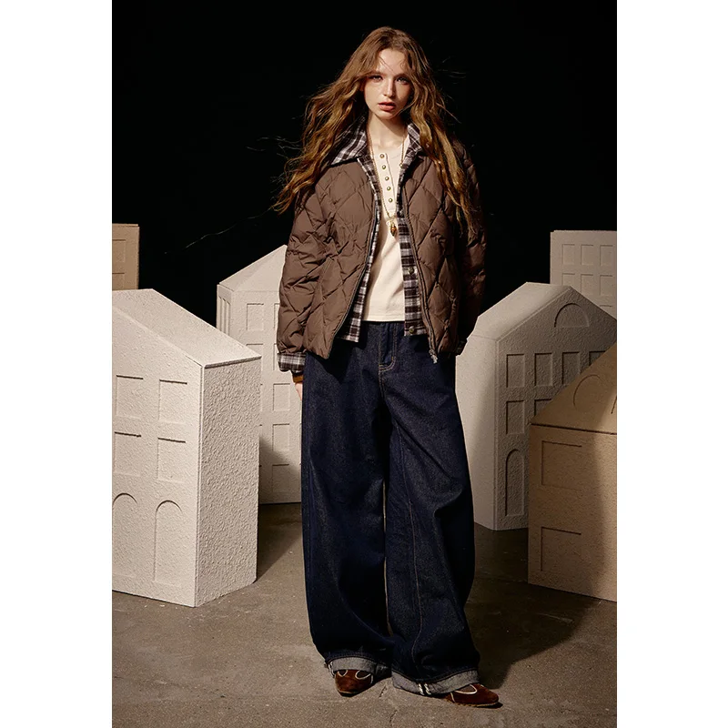 ELFSACK 2025, winternieuwkomers, casual schattige geruite revers korte donsjas voor dames