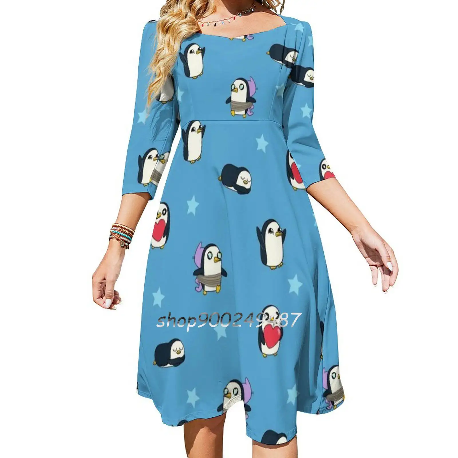 Gunter Pattern ( Blue ) Dresses For Women A-Line Korea Style Slim Long Sleeve Dress Adventure Time Adventure Time Gunter