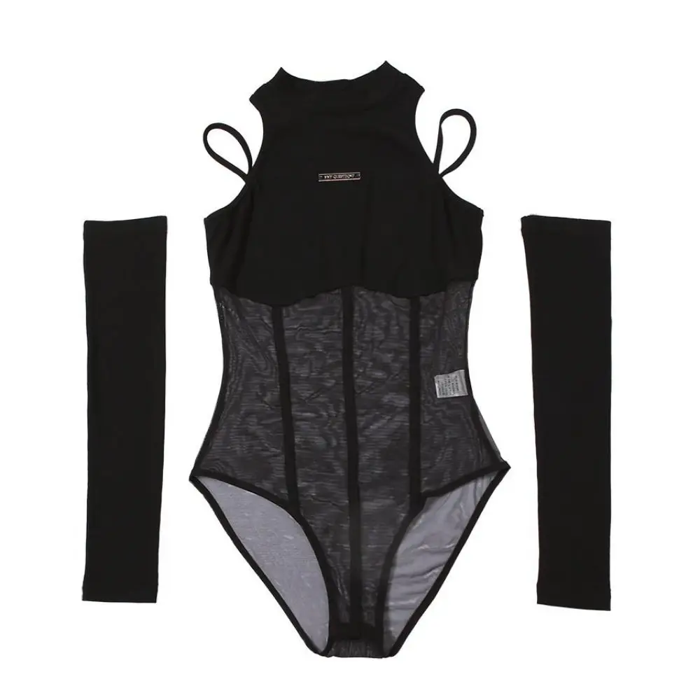 with Arm Sleeves Lace Slim Bodysuit Spicy Girl Style Skinny Translucent Bodysuit Wrap Round Solid Neck Crop Top
