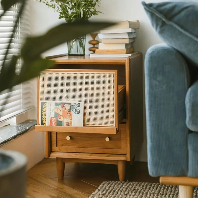 Nordic Solid Wood Nightstand Multifunctional Woven Rattan Bedside Table Minimalist Storage Cabinet with Drawer Sofa Side Tables