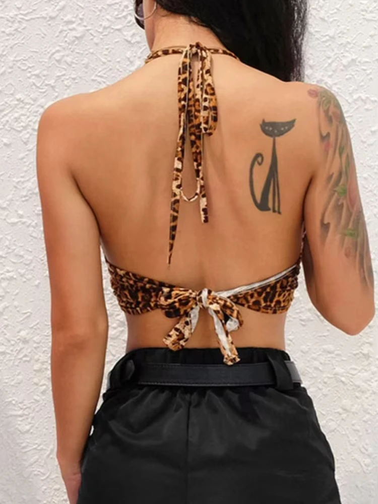 Leopard Print Halter Crop Top for Women Backless Bandage Lace-Up Sequin Metal Ring Detail Party Club Bustier