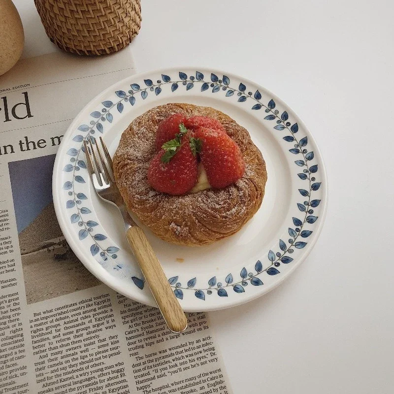 Korean Style White Ceramic Plate with Leaf & Blue Flower, Cottagecore Dessert & Breakfast Dish,  Aesthetic Dining Tableware