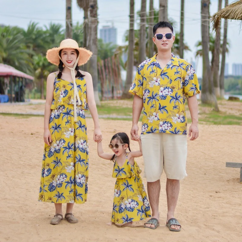 Summer Boho Family Matching Outfits Tropical Palm Print Dress & Shirt Set for Mom Dad Kids Beach Vacation Photoshoot  567