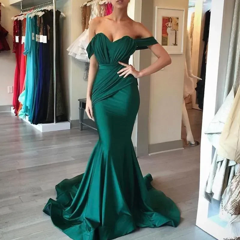 

Emerald Green Bridesmaid Dresses With Ruffles Mermaid Off Shoulder Cheap Wedding Gust Dress Junior Maid Of Honor Gowns