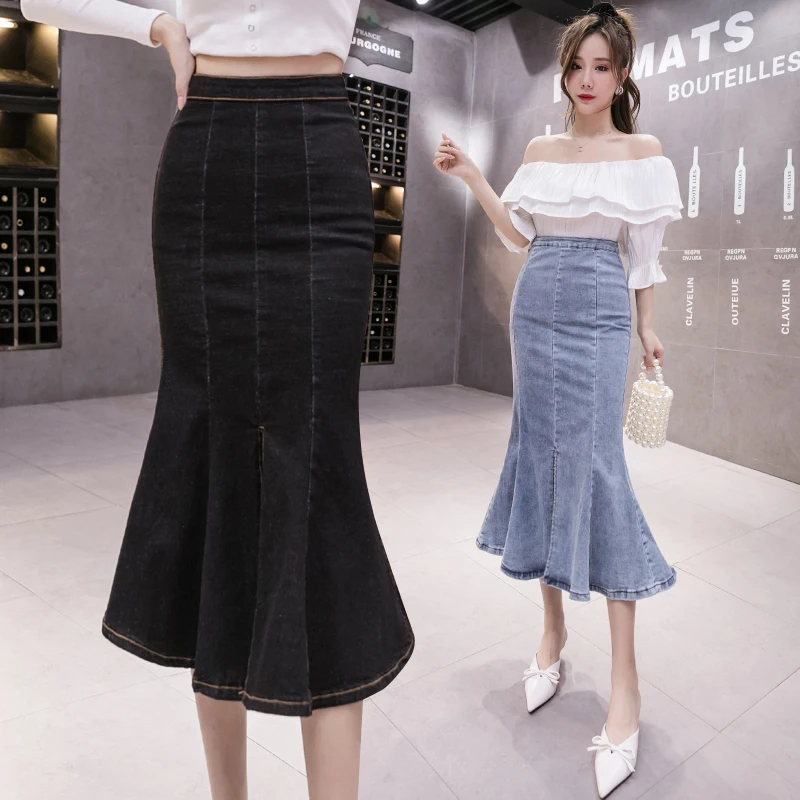 Fashion Sexy Splicing Fold Woman Skirts Womens Medium-long Jean Fishtail Skirt Casual Female Girls Denim Skirt Dropshipping 2