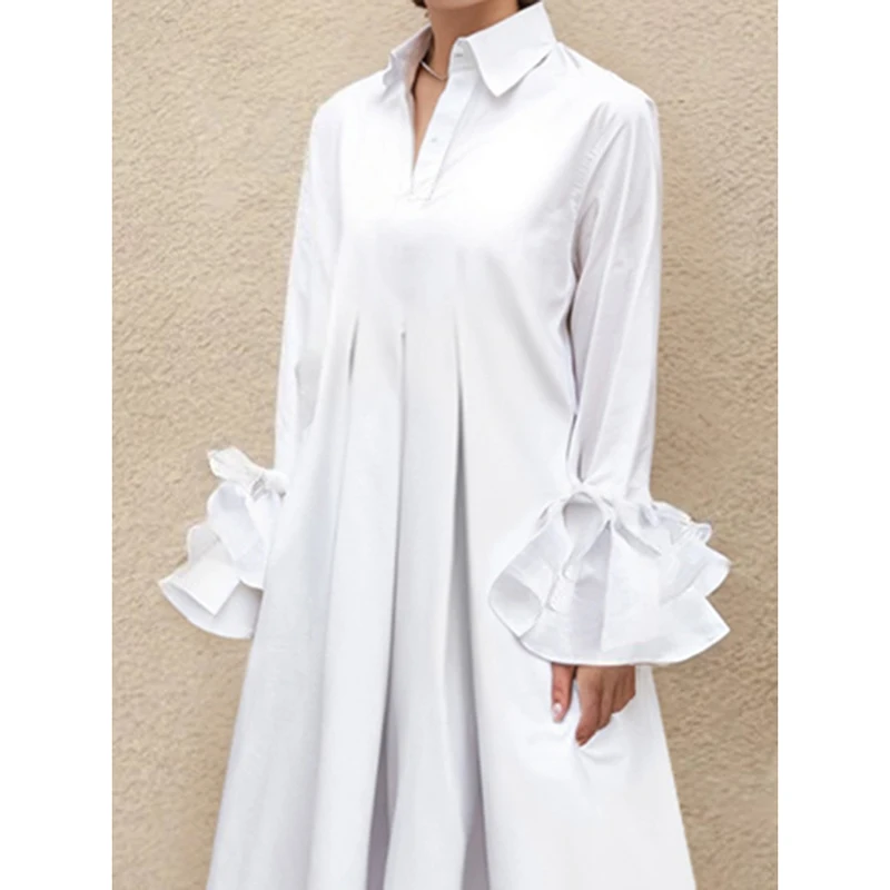 Women Elegant Church Maxi Dresses 2024 New Autumn Flared Sleeves Black White Color Pleated Lapel Evening Shirts Dress