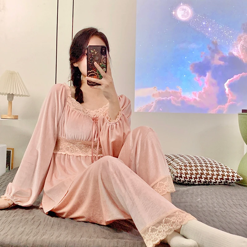 

Winter Long Sleeve Sexy Lace V-neck Gold Velvet Pajama Sets for Women Korean Cute Sleepwear Pyjama Homewear Pijama Mujer Clothes