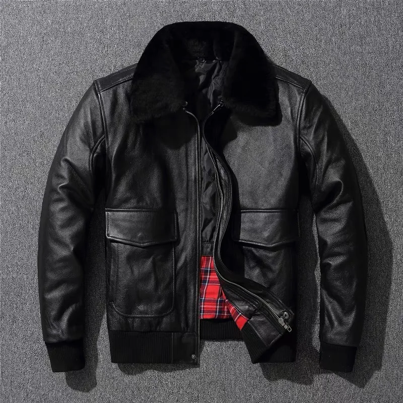 

Зимняя мужская куртка-пилот A2 из натуральной кожи, верхний слой из воловьей кожи, с хлопковой подкладкой, съемным меховым воротником, большой размер, Turn-...