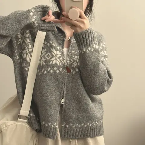 New Autumn Winter Women Fashion Elegant Knitwear Long Sleeve Sweater Fall Korean Style Casual Knitted Top Zipper Lapel Jacket