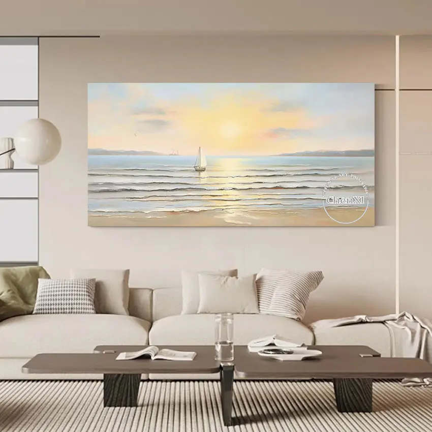 

Abstract Sunrise Oil Painting Art on Canvas, Aesthetic Hotel Decorative Item, Seascape Wall Panel Set, Big Size, Vintage Artwork