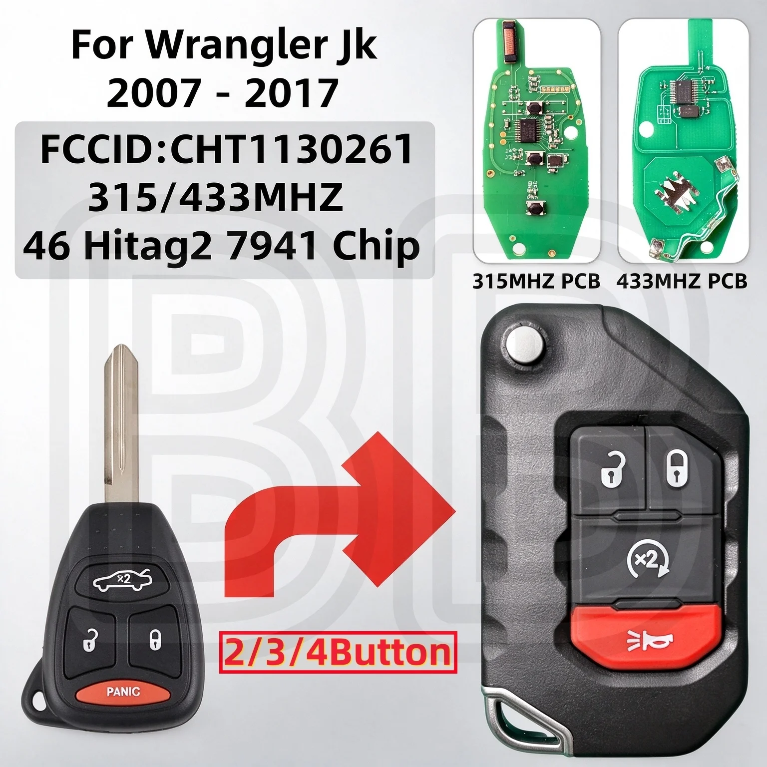 46 Hitag2 7941 Chip Fccid:Cht1130261 315/433Mhz Suitable for 2007-2017 Jeep Wrangler Jk Compass Liberty Car Remote Control Key Modified Flip Folding Key