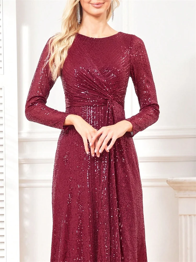 Lucyinlove Gaun Malam Payet Emas Leher-o Lengan Panjang Elegan Gaun Koktail Prom Pesta Pernikahan Wanita 2025 Mewah Vestido