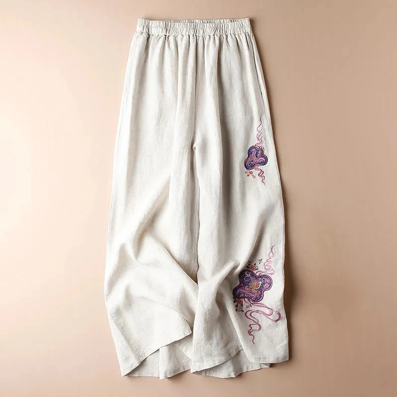 

Cotton Linen Embroidery Wide Leg Pants Women's Summer New Pants Loose Elastic High Waist Thin Straight Casual Trousers Pantalon