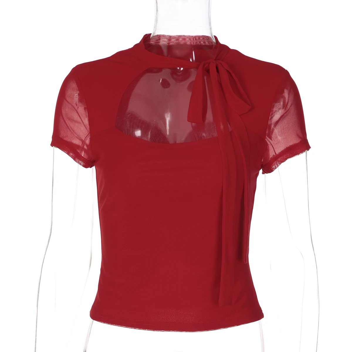 Hugcitar Modisches, einfarbiges, kurzärmeliges Patchwork-Mesh-Top mit Schnürung, sexy Crop-T-Shirt, Damenkleidung, Party, Nachtclub, T-Shirts – Detail 2