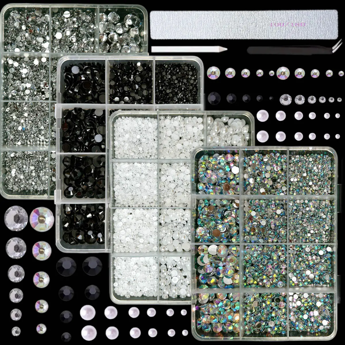 1 Set Of 4 Boxes Multi Style Rhinestone Simulation Pearl Nail Art Charm Colorful Flower Rose Bow Nail Art Decoration DIY Crafts