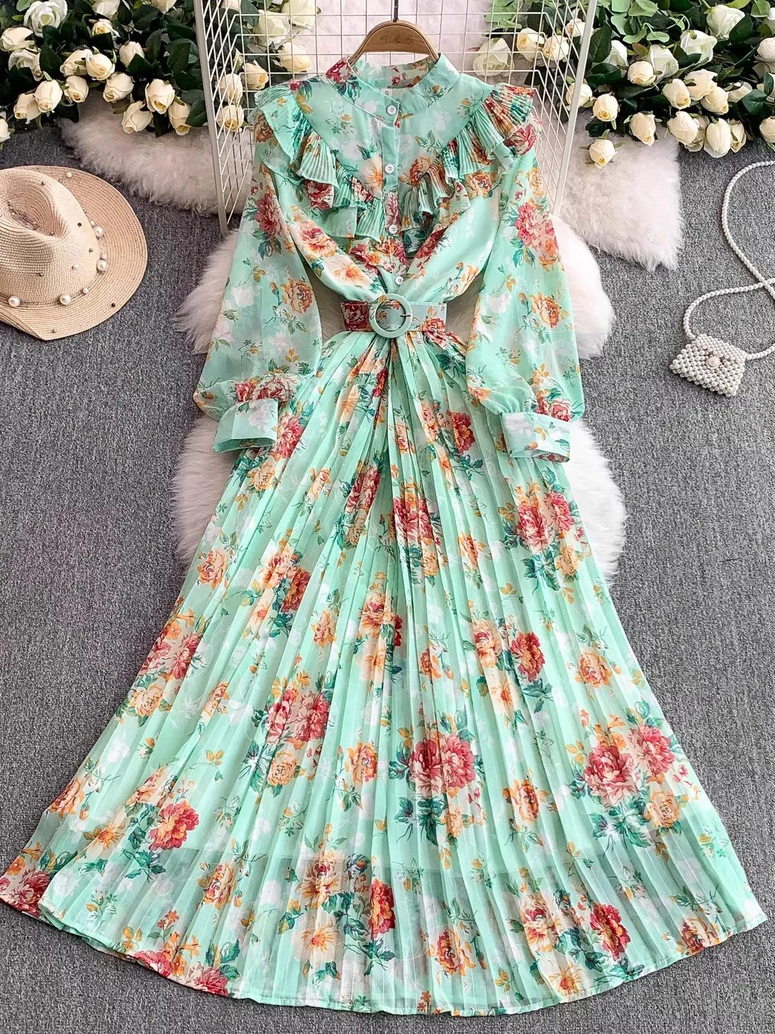 

Spring Autumn Vintage Women Floral Printed Draped Long Dress Elegant Stand Collar Single Breasted Lantern Sleeve Maxi Robe New