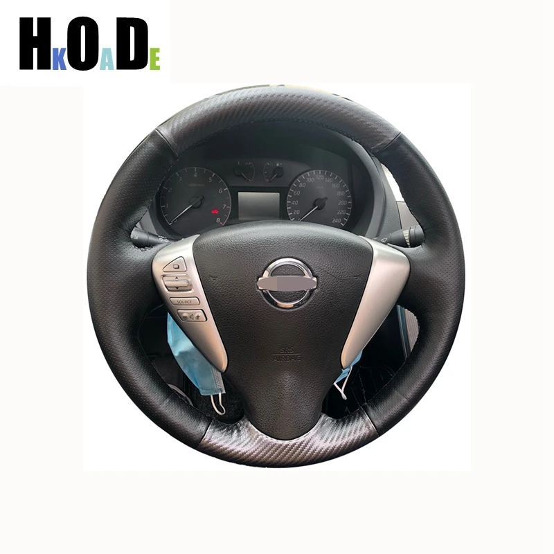 

For Nissan Tiida Sylphy Sentra Versa Note 2014-2017 Hand-Stitched Black Genuine Leather Carbon fiber Car Steering Wheel Cover