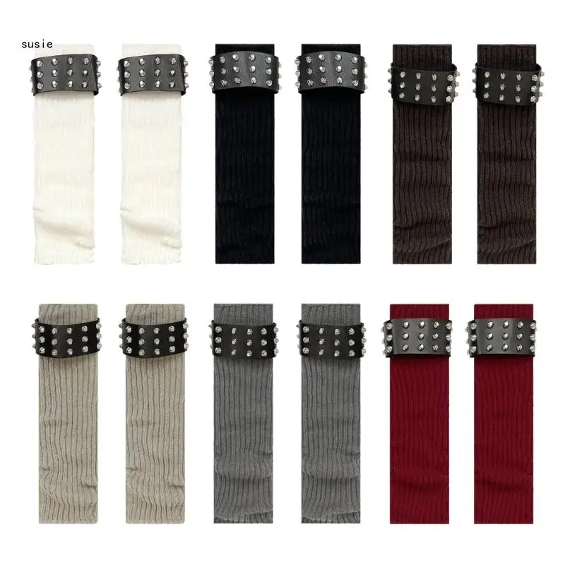 Gothic Punk Ribbed Knit Leg Warmer Sleeve with Metal Rivets Leather Belt Motorcycle Boot Covers Footless Socks for Women X7YA