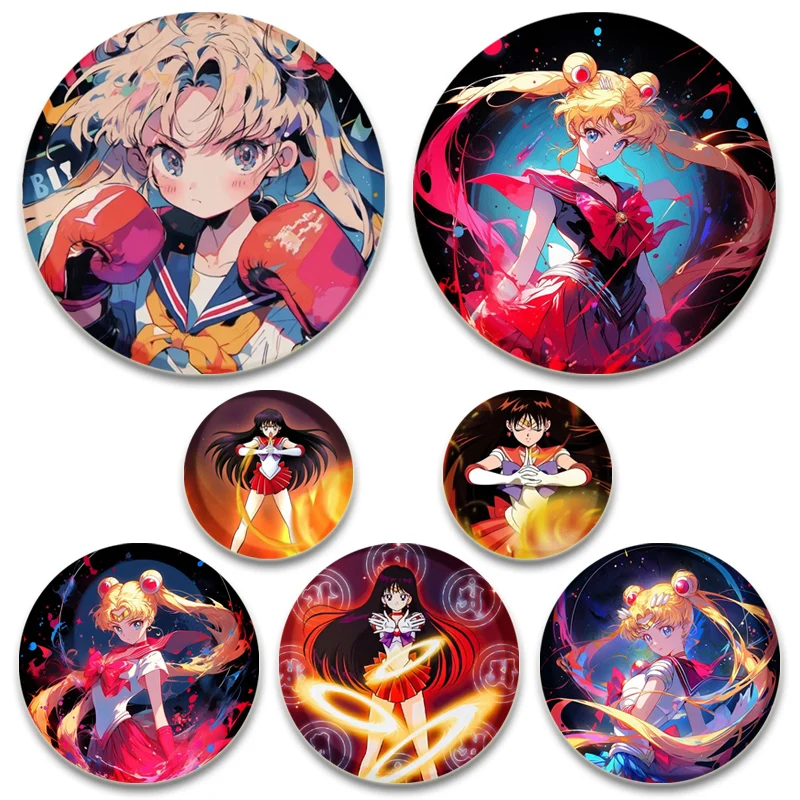 

Round Creative Pins Sailor Warrior Anime Brooches Tsukino Usagi Chibiusa Ami Rei Makoto Cartoon Badge Backpack Accessorie Gifts