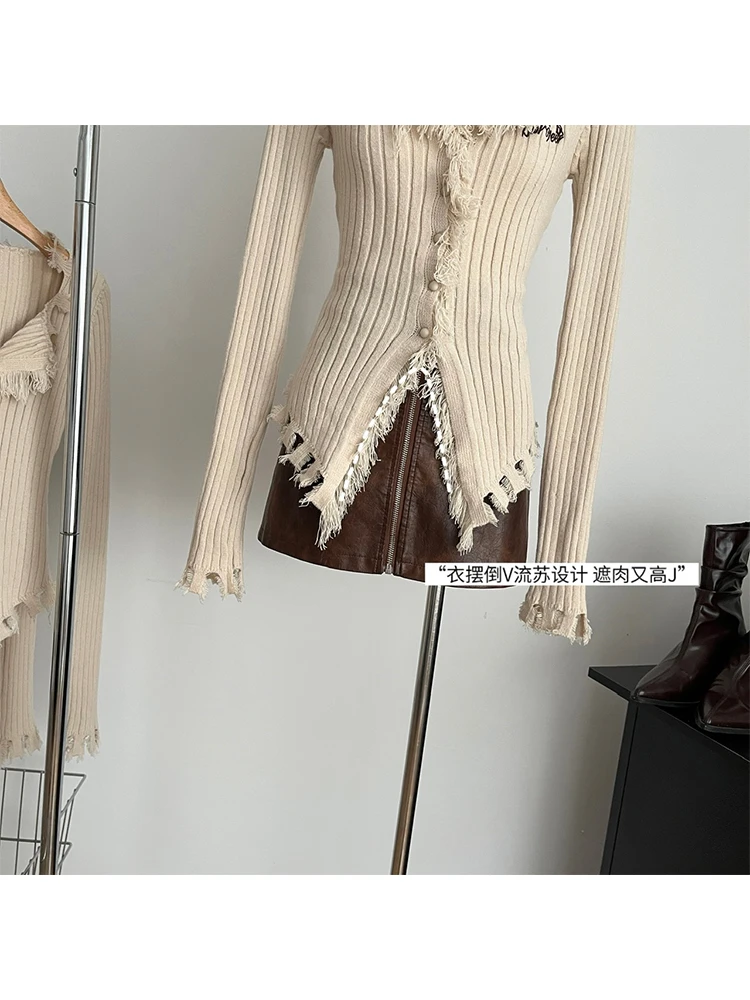 Autumn Woman American Vintage Gyaru Baddie Style Cardigan Tassels Slim Sweater Long Sleeve Designer Knitwears 2000s Aesthetic