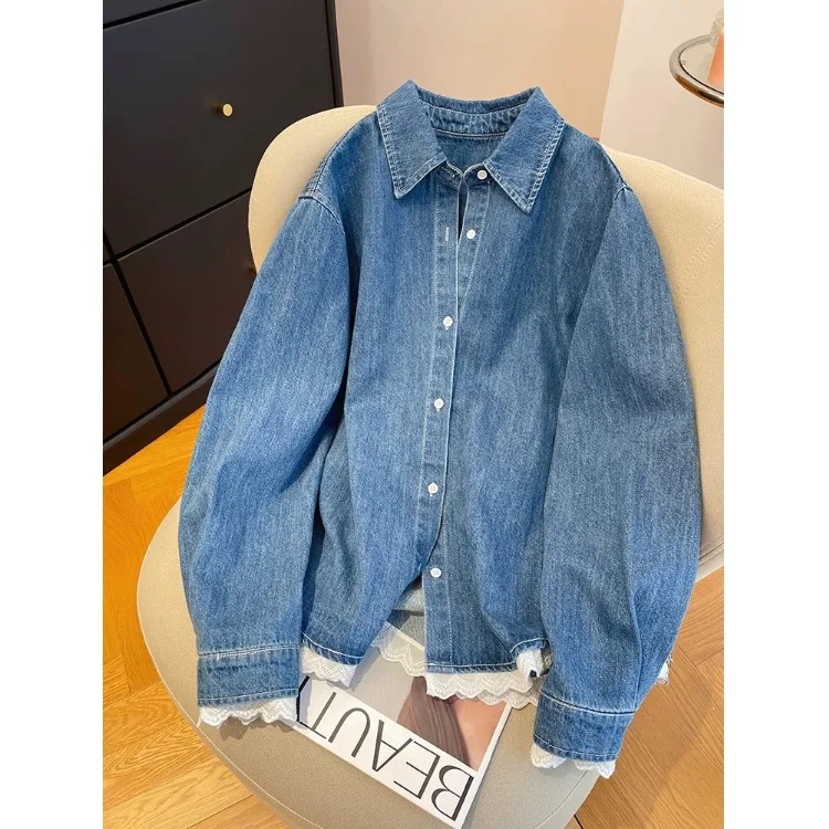 

Retro Blue Denim irt Women's Loose Casual Lace Splicing Layered Wear Spring 2025 New Sle Collar Long Sve