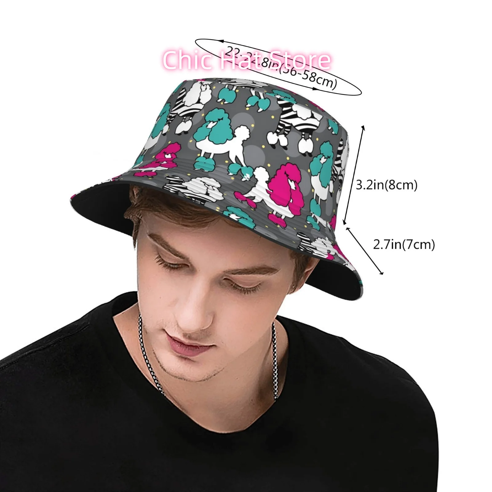 A Single Piece of a Vibrant, Fully Printed Poodle-Themed Fisherman Hat, Suitable for All Genders, Ideal for Outdoor, Stylish Buc