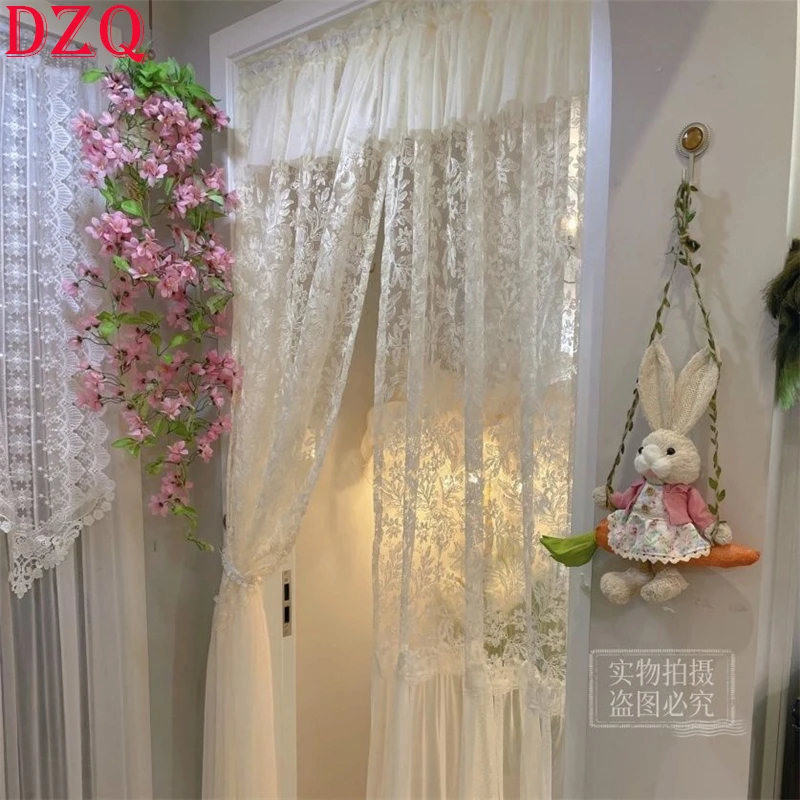 Elegant Embroidered Lace Curtains for Living Room Kitchen Cream Lace Tulle Door Curtains Entrance Curtains With Valance #A657