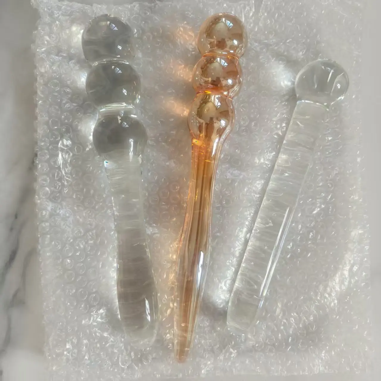 VaHppy Anal plug sex toys Glass Anal dilator 3.2cm 3 beads Female Gay Masturbator 2colors  beautiful gold for Girl Adult SM BDSM