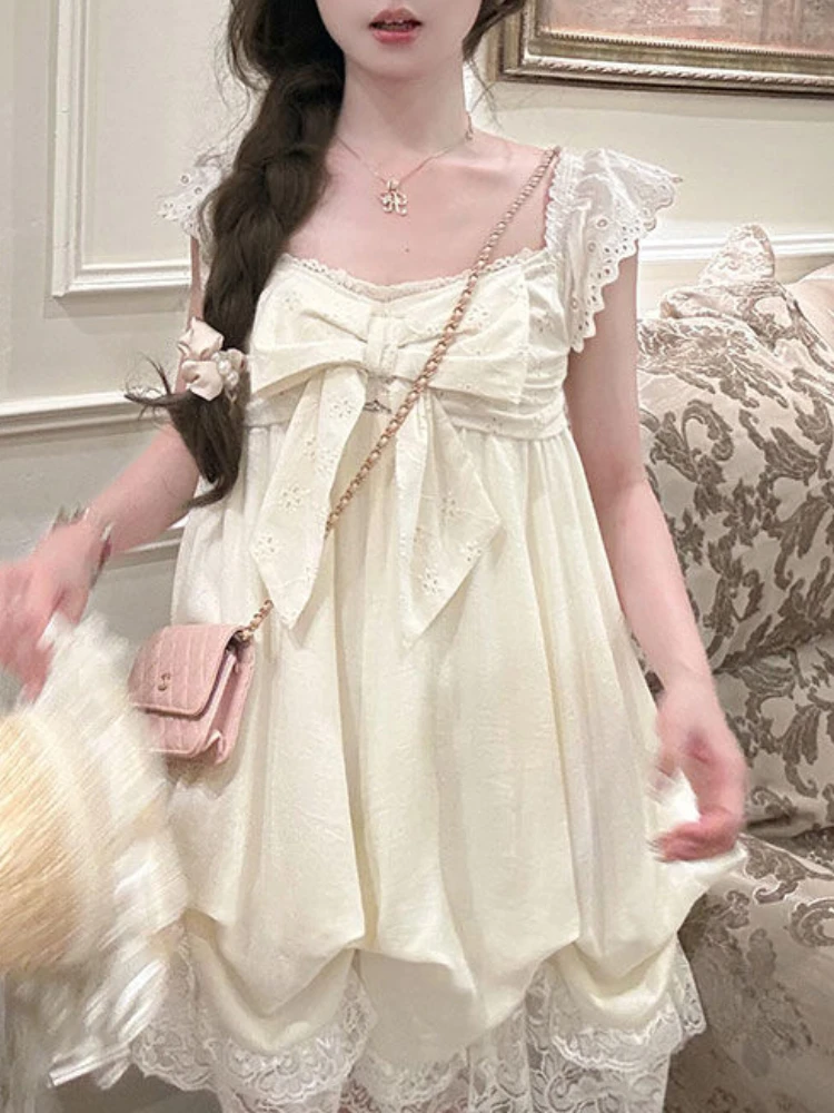 

Japanese Sweet Lolita Cute Dress Women Bow Lace Sleeve Fairy Mini Dresses New Fashion Elegant Kawaii Harajuku Slim Clothing 2025