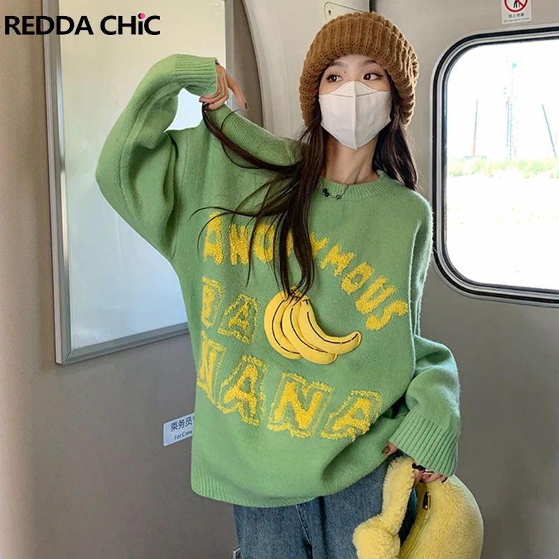 

REDDACHiC 3D Banana Stitch Women's Sweater Green Crewneck Graphic Crochet Oversize Long Sleeves Knit Top Y2k Vintage Pullover