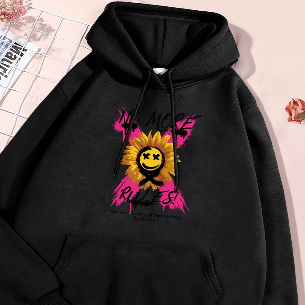 No More Rules Letter Sunflower Smile Face Print Male Hoodies Casual Soft Fleece Hoodie Autumn Oversize Pullover Loose Men Tops