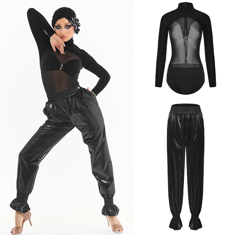 

Одежда для соревнований по бальным танцам для взрослых, женский костюм для латинских танцев румба, черный сетчатый топ, кожаные брюки для современных танцев SL14728