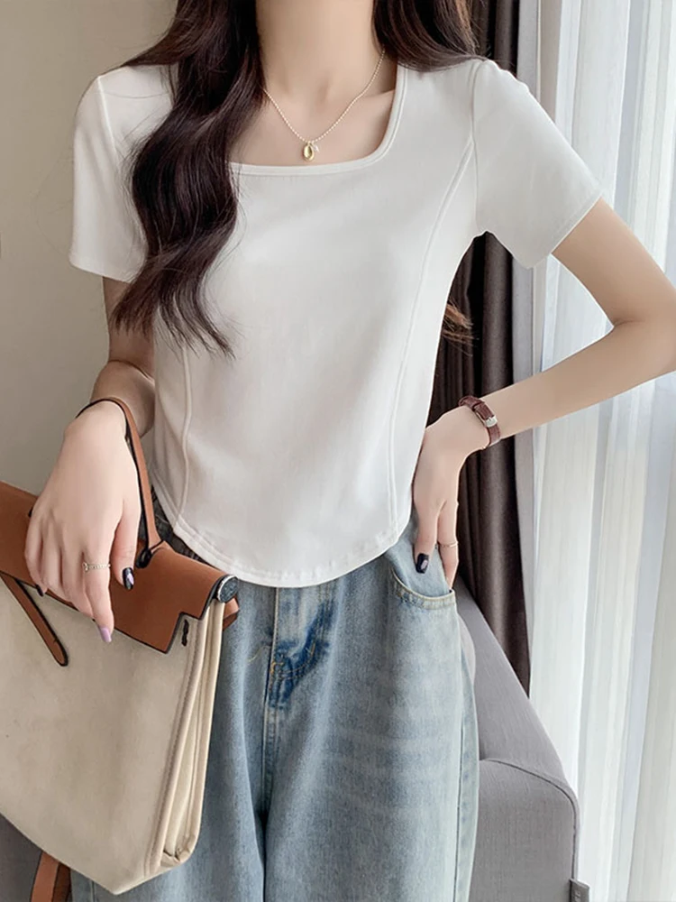 T-shirt donna manica corta in cotone Top colletto quadrato Solid Slim Tees camicie donna estate Casual Streetwear Top Tee