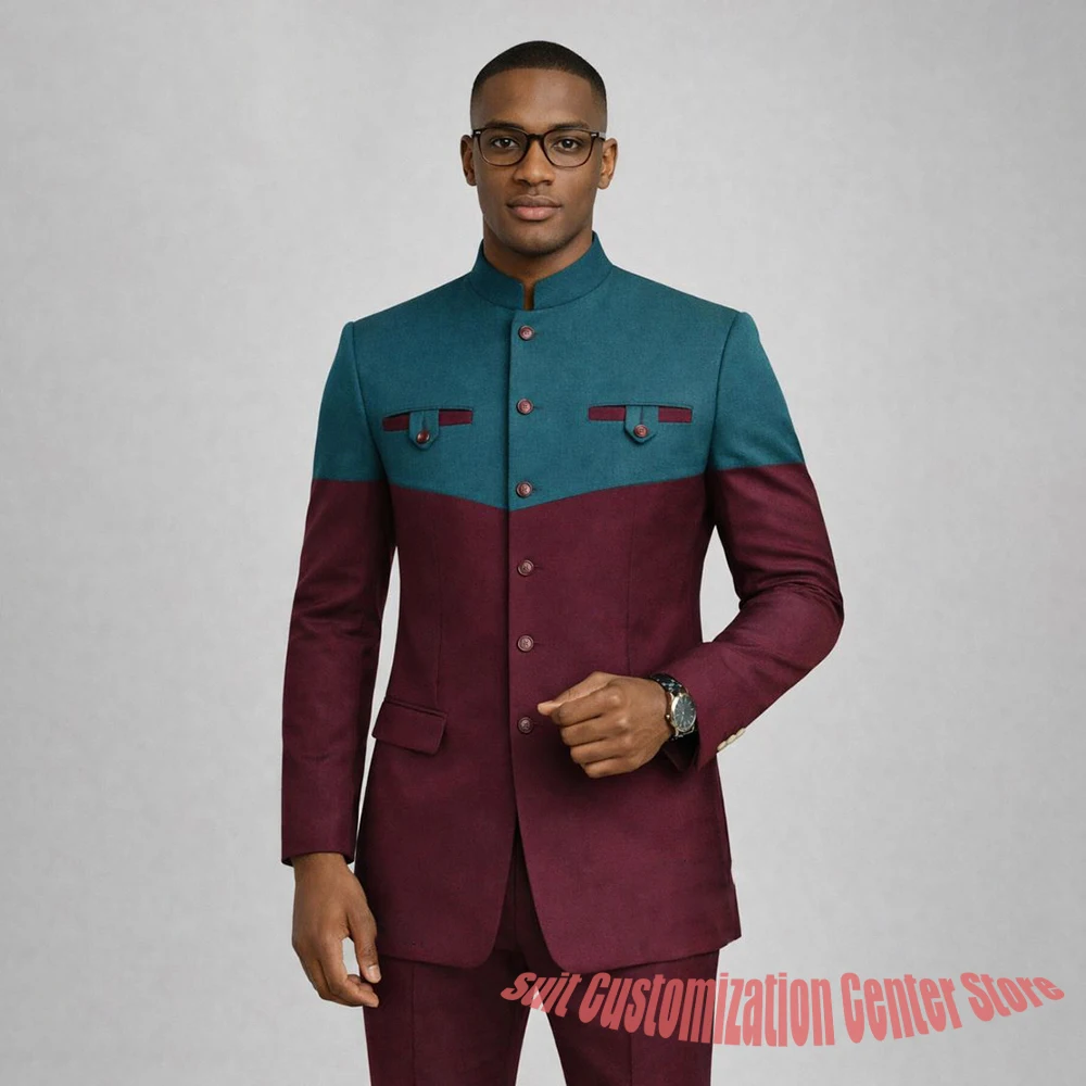 

2 Pieces Jacket+Pants Teal & Burgundy Two-Tone Suits for Man Slim Fit Single Breasted Wedding Groom Tuxedos Prom Costume Homme