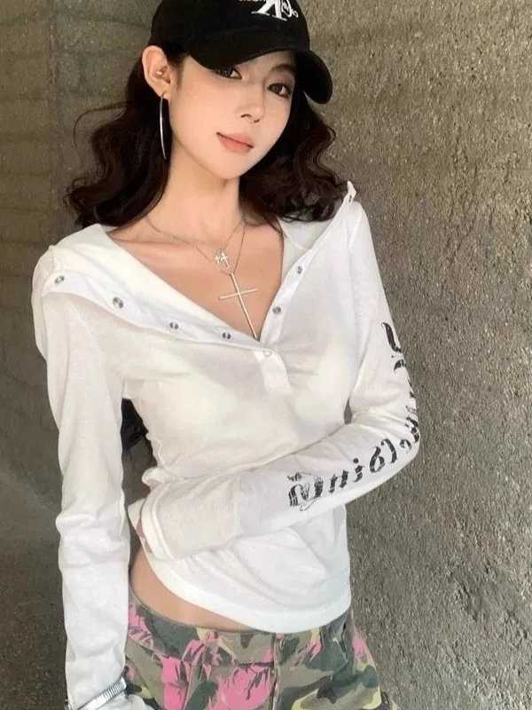 American Style Hot Girl Hooded Long Sleeve T-Shirt Women's Autumn New Slimming Versatile Cover up Top Korean Style Commute Scene