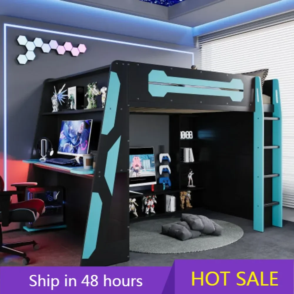 

Full Size Wood Loft Bed with Desk, Multi-Storage Shelves and LED,Tailor-Made for Teenagers who Love e-Sports