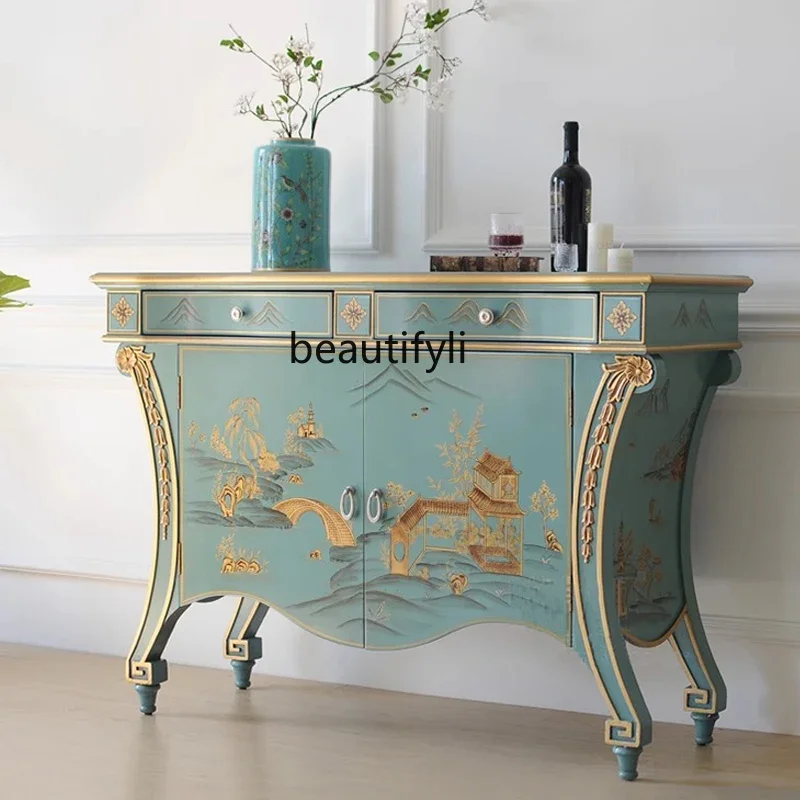 Neoclassical retro painted blue and gold porch storage cabinet sofa back table