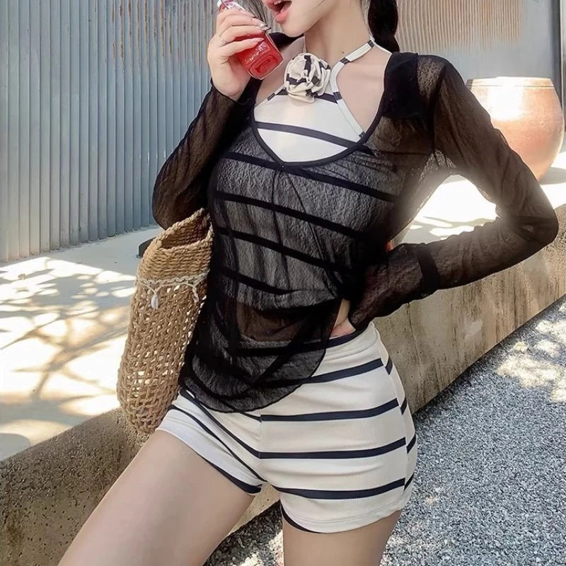 2026 New Women's 3-Piece Striped Halter Bikini Set with Sheer Cover Up Swimwear Fashionable Beach & Vacation Bathing Suit - Image 2