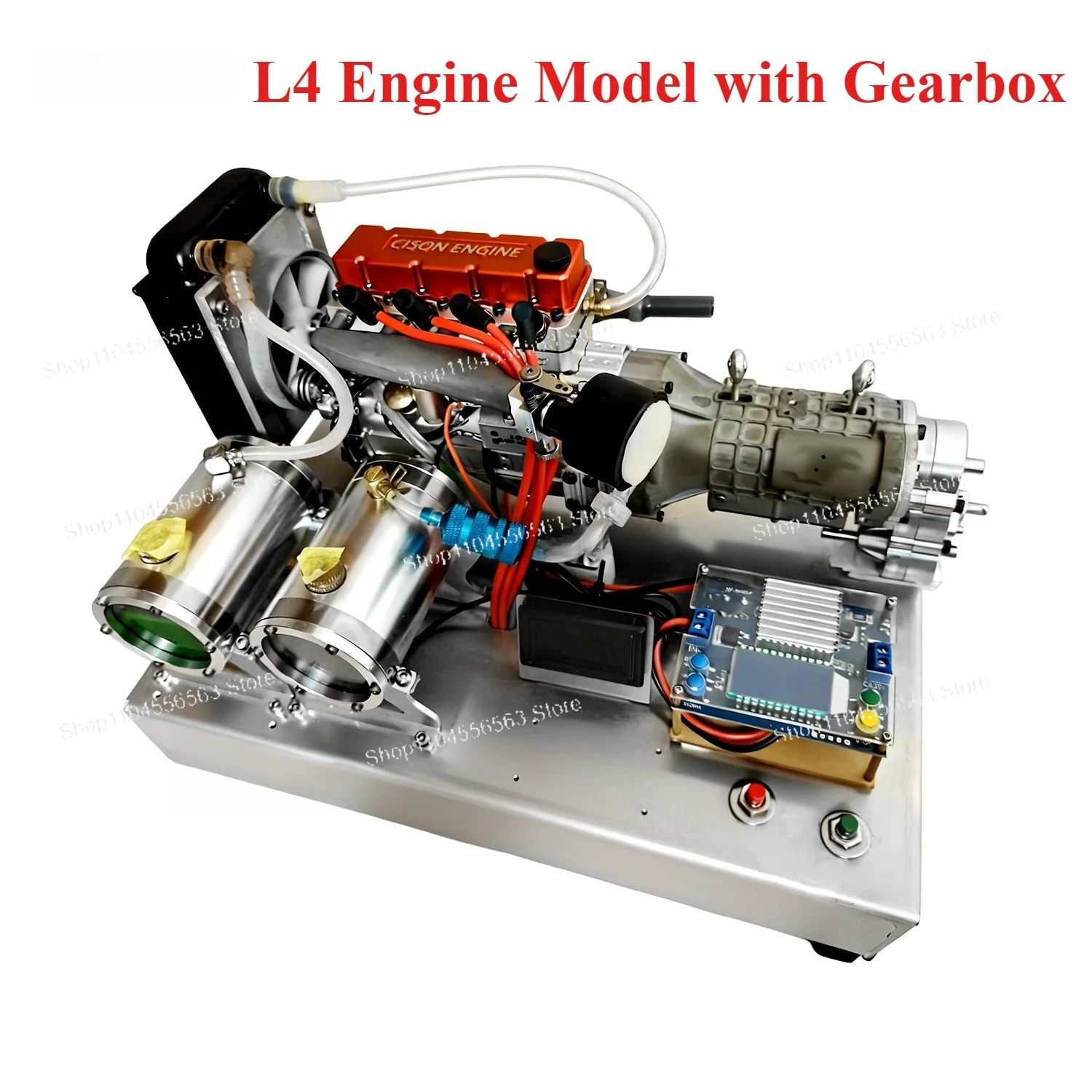 Metal L4 Inline 4 Cylinder Engine Model with Gearbox & Base, Finished Assembly Internal Combustion Engine Toy