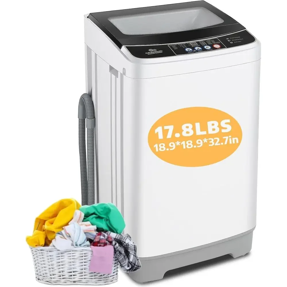 Compact 2.4 Cu.ft 17.8Lbs Capacity Automatic Portable Washer with 10 Programs, 8 Water Levels, Drain Pump, Glass Lid, Ideal for