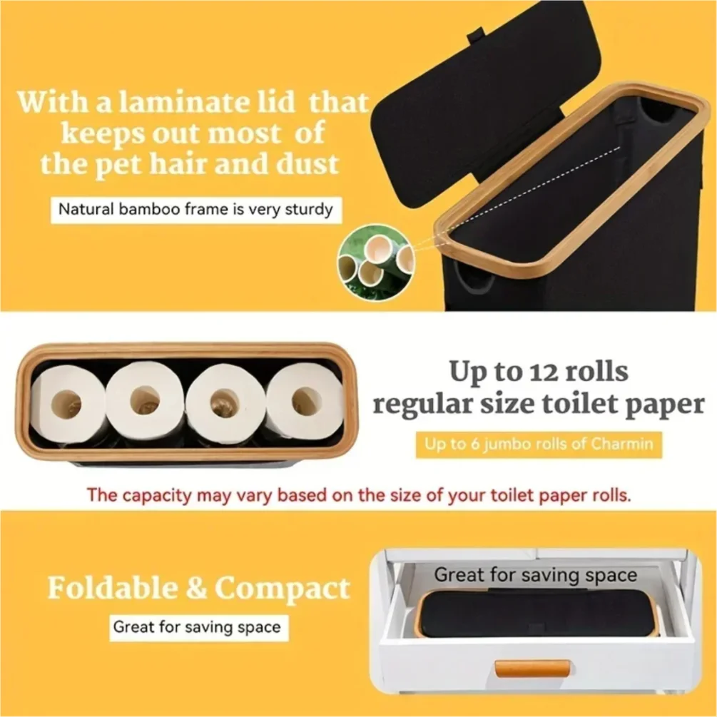 سلة تخزين واحدة، رف تخزين، حامل ورق كبير، 12 لفة من ورق التواليت، رف تخزين مع غطاء، قماش أكسفورد + مخزن من الخيزران