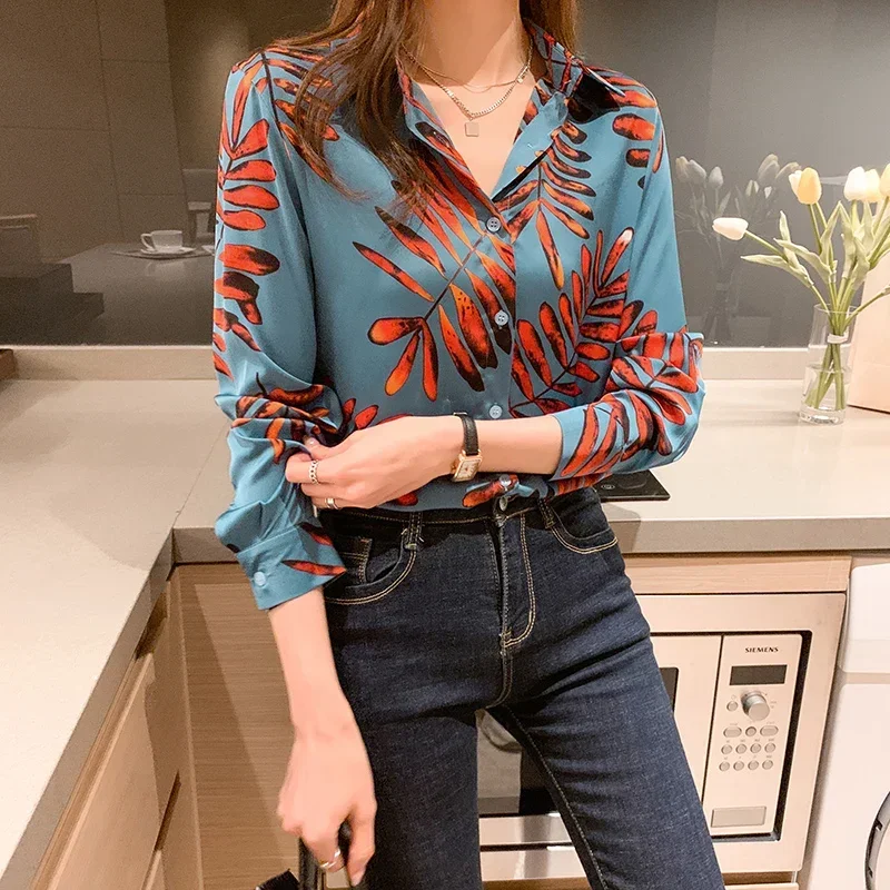 

Spring Autumn New Chic Leaves Printing Ladies Shirts Women Blouses Long Sleeve Shirts Female Tops