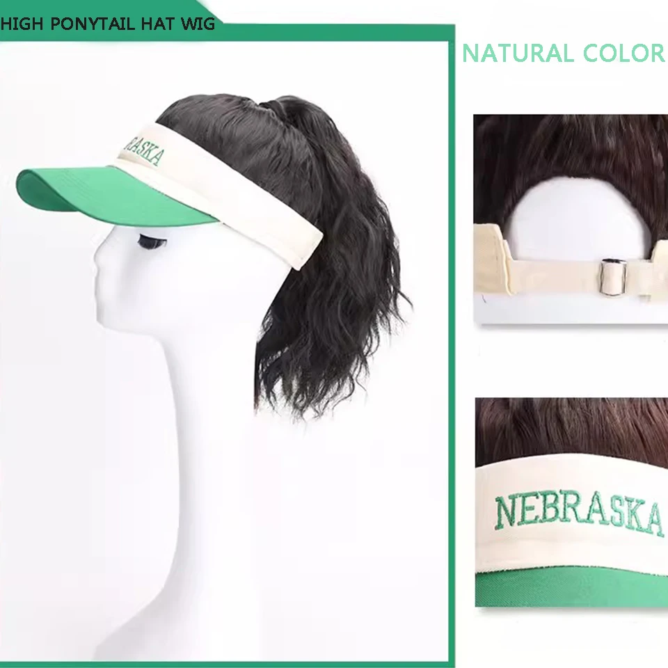 Gorra de béisbol con cola de caballo rizada para mujer, sombrero de peluca sintética, gorra de béisbol ajustable, verde y blanco, primavera y verano