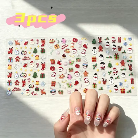 3Pcs 5D Winter Christmas Nail Stickers Cartoon Xmas Elements Santa Snowman Tree Snowflakes Nail Decal Xmas DIY Nail Art Supplies