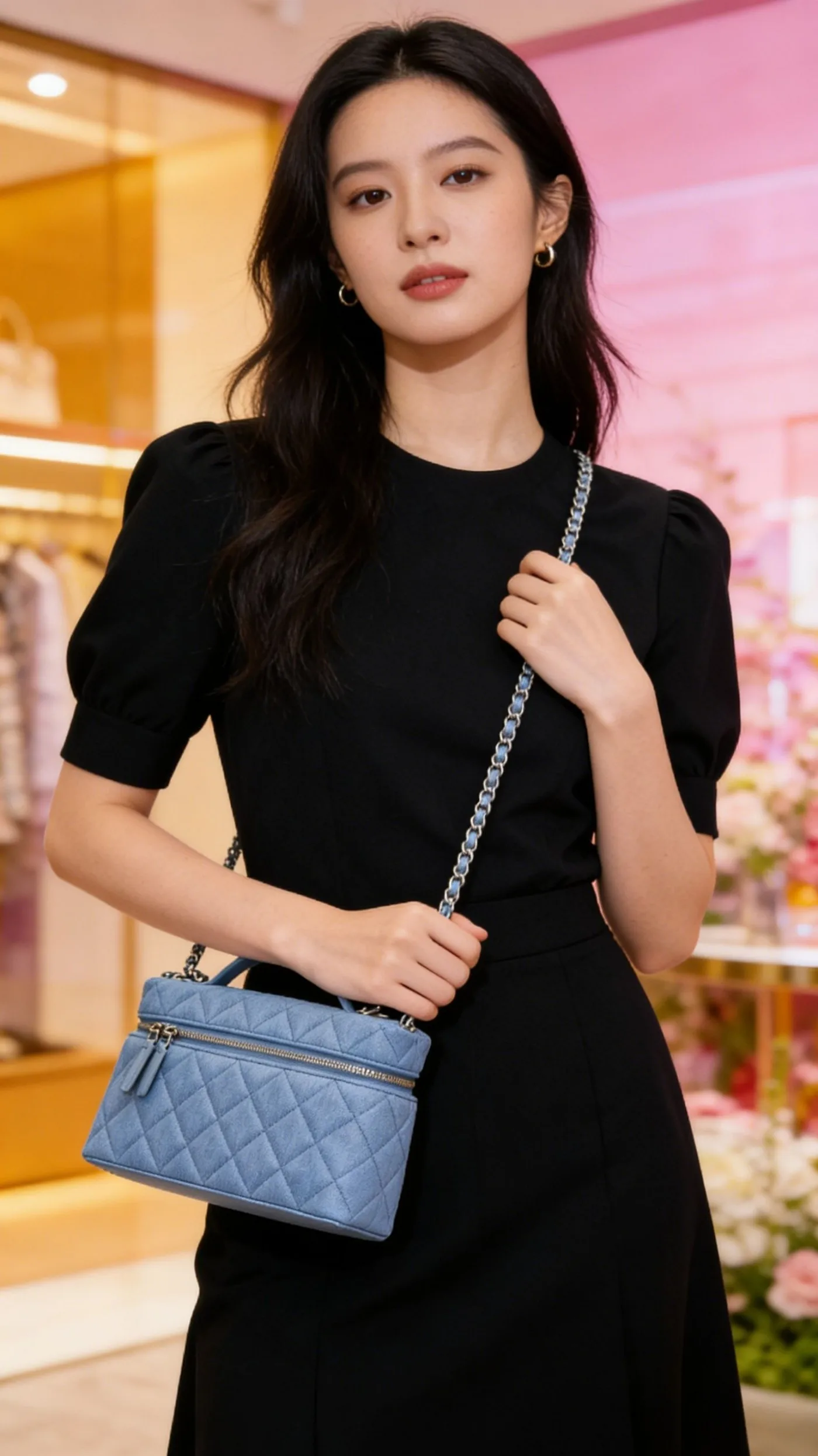 

Милая светло-голубая мини-сумка через плечо квадратной формы с тонким ремешком-цепочкой для летних образов