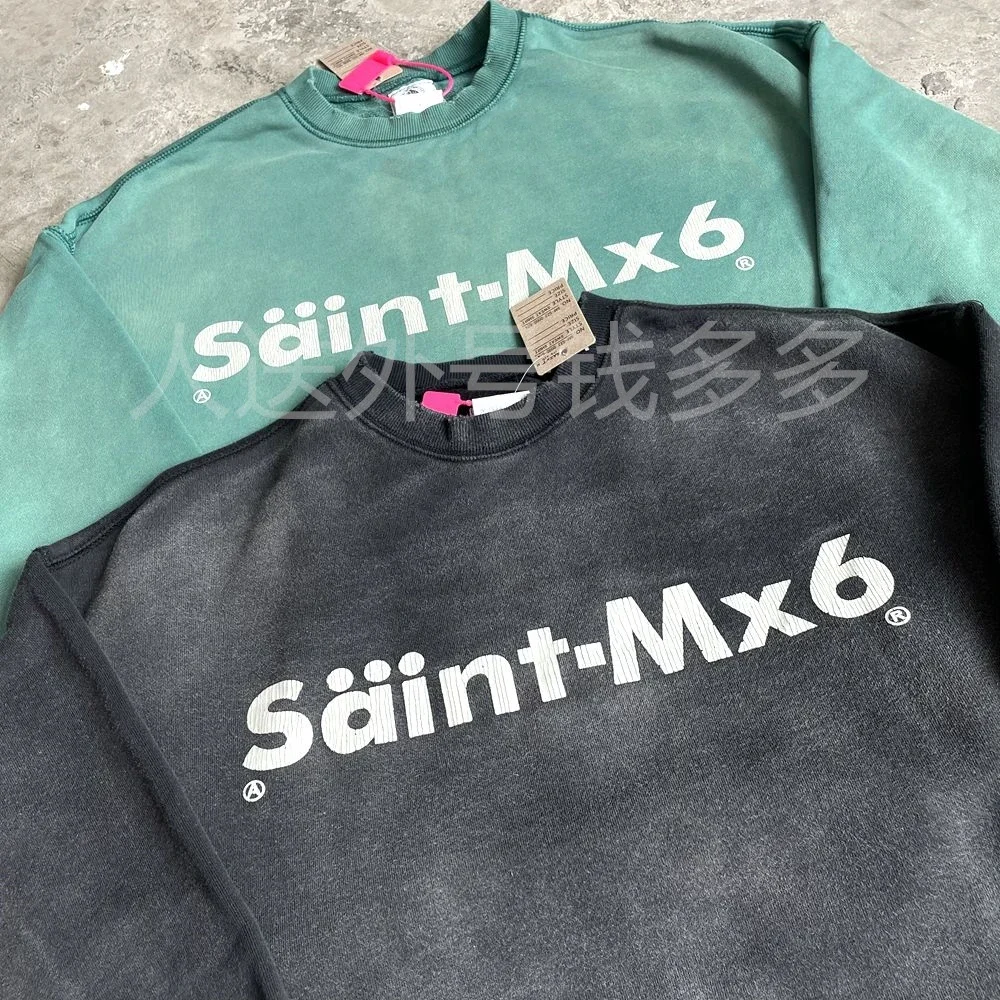 Long Style Design SAINT MX6 Washed Hole Destroy Sweatshirts Men Women Heavyweight Letter Print Cotton Round Neck Hoodie