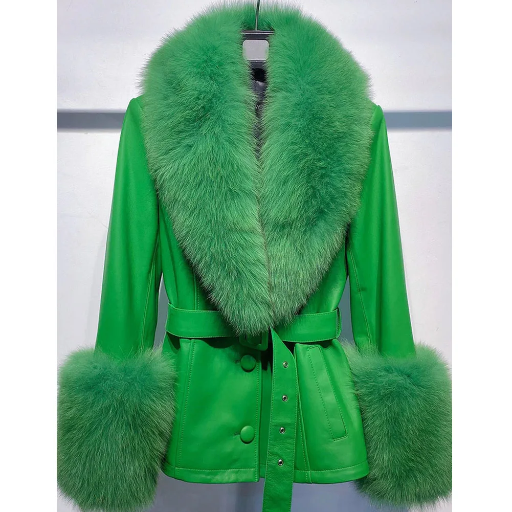 Denny&Dora Green Women Real Fox Fur Collar Genuine Leather Coat Trench Coat Short Fur Jacket