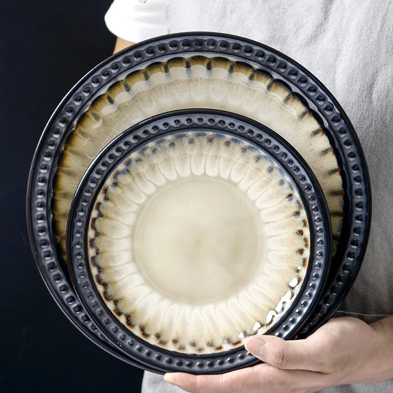 Creative Retro Relief Dinner Plates Chinese Kiln Enamel Underglaze Ceramic Plate Stripe Wave Point Cake Dessert Dishes Tableware