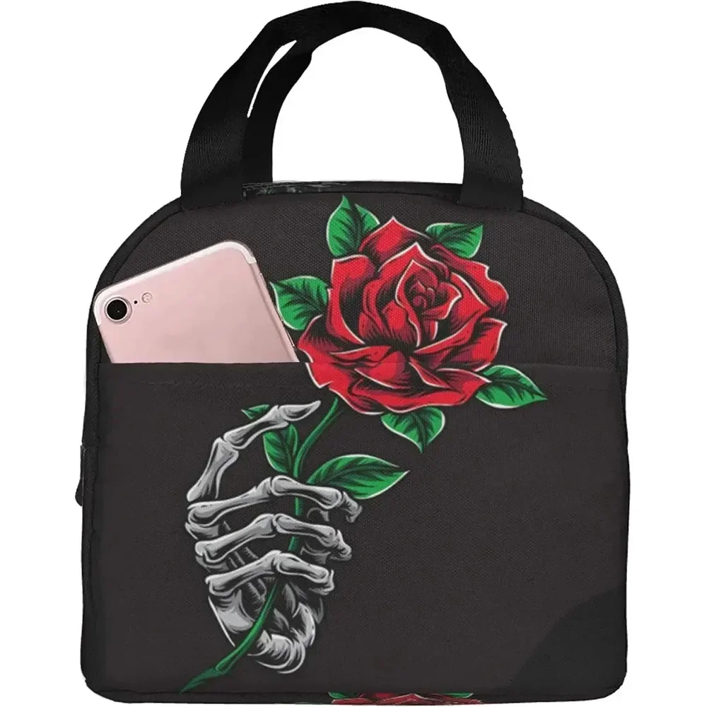 Skeleton Hand Holding Red Rose Lunch Bags Insulated Lunch Box Cooler Thermal Tote Bag Reusable for Work School Hiking Picnic